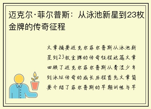 迈克尔·菲尔普斯:从泳池新星到23枚金牌的传奇征程 迈克尔·菲尔普斯:从泳池新星到23枚金牌的传奇征程