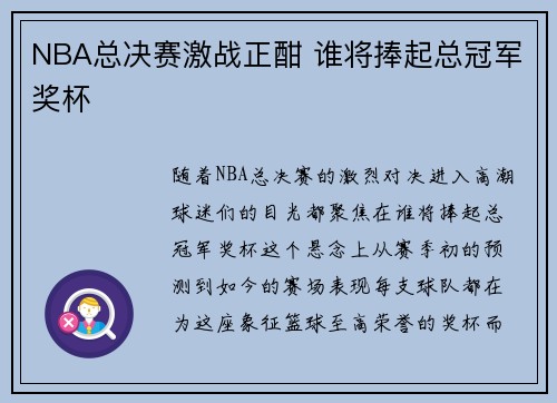 NBA总决赛激战正酣 谁将捧起总冠军奖杯